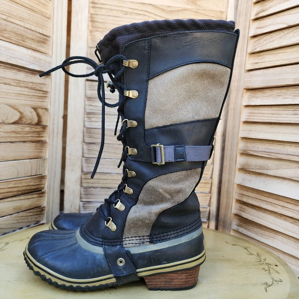 Sorel Sz 9.5 Black Leather Suede Conquest Carly Winter Snow Boots NL1897-270